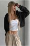 Siyah Basic Fermuarlı Kapüşonlu Crop 3 İplik Örme Sweatshirt - 4