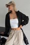 Siyah Basic Fermuarlı Kapüşonlu Crop 3 İplik Örme Sweatshirt - 2