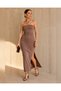 Brown Strapless Slit Combed Cotton Dress - 4