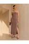 Brown Strapless Slit Combed Cotton Dress - 6