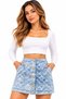 Women's Baby Blue Quilted Patterned Mini Skirt with Gold Buttons and Pockets - 6