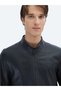 Black Regular Fit Stand Collar Sheepskin Leather Coat - 4