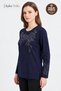Women's Navy Blue Winter Peony Pattern Collar and Sleeves Embroidered, Stoned Clover Fabric Mother Combed Cotton Blouse - 2