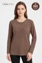 Women's Milk Coffee Color Winter Peony Pattern Collar and Sleeves Embroidered, Stoned Clover Fabric Mother Combed Cotton Blouse
