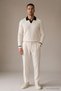 Men's Striped Long Sleeve White Loose Polo Neck T-Shirt
