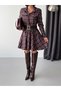Women's Plaid Patterned Buttoned Leather Belted Mini Dress