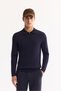 Men's Navy Blue Polo Neck Zippered Rayon Non-Pilling Textured Knitwear Regular Fit Sweater A52Y5019