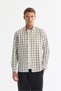 Men's Khaki Button-Down Collar 100% Cotton Plaid Regular Fit Shirt A42Y2035