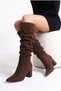 Women's Gusseted Design Thick Heeled Pointed Toe Dark Brown Suede Boots (Get One Size up)