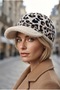 Luxury Winter Women's Cream Black Leopard Pattern Hat with Feather Detail and Brim