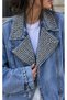 Jean Denim Jacket with Complete Stone Design on the Collar - 4