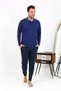Men's Polo Neck Long Sleeve Combed Cotton Pajama Set Navy Blue