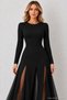 Night Glow – Women's Crew Neck Long Sleeve Multi-Slit Look Tulle Detailed Black Maxi Crepe Evening Dress - 4