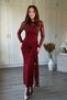 Long Sleeve Glittery Floral Embroidered Transparent Detailed Burgundy Maxi Tulle Dress with Belt on the Front