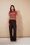 Zigzag Patterned Short Sleeve Crew Neck Tricot Sweater Brown