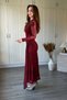 Long Sleeve Glittery Floral Embroidered Transparent Detailed Burgundy Maxi Tulle Dress with Belt on the Front - 2