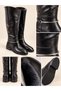 Rustle Women's Black Wrinkled Patent Leather Metal Ring Detailed Warm Lined Non-Slip Sole 3 cm Heeled Long Boots - 4