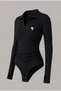 Black Polo Collar Long Sleeve Ribbed Lycra Premium Bodysuit - 2