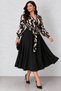 Timeless Elegance – Women's Double-Breasted V-Neck Patterned Long Sleeve Belted Plus Size Flared Midi Crepe Dress