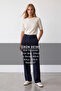 Women's navy blue high-waisted woven trousers with front seam detail and double pockets - alc-x15615 - 2