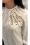 Women's Organza Balloon Sleeve High Neck Blouse - Stylish Design with Rhinestone Floral Detail and Lining, Sparkling Shirt - 3