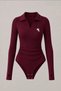 Burgundy Polo Collar Long Sleeve Ribbed Lycra Premium Bodysuit