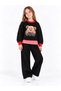 Girl's Striped Skirt with Hem Detail, Red Ribbed Teddy Bear Print Black Sweatshirt - Wide Leg Black Sweatpants Set - 2