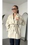 Women's Cream Medium Length Cashmere Coat with Belt, Double-Breasted Collar, Cape Detail, Short Coat - 7