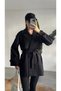 Women's Black Medium Length Cashmere Coat with Belt, Double Breasted Collar, Cape Detail, Short Coat