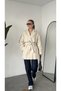 Women's Cream Medium Length Cashmere Coat with Belt, Double-Breasted Collar, Cape Detail, Short Coat - 6