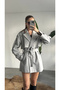 Women's Gray Medium Length Cashmere Coat with Belt, Double-Breasted Collar, Cape Detail, Short Coat