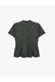 Slim Fit Textured High Neck Short Sleeve Peplum Blouse - 2