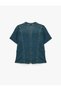 Embroidered Ornate Button Closure Zipper V-Neck Short Sleeve Peplum Denim Blouse - 2