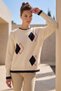 Ecru Crew Neck Long Sleeve Argyle Patterned Skirt and Sleeveless Plush Glitter Casual Knitwear Sweater 68 64 - 6