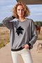 Gray Melange Crew Neck Long Sleeve Leaf Patterned Stoned Ribbed Hem Casual Knitwear Sweater 65 64