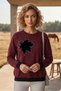 Burgundy Crew Neck Long Sleeve Leaf Patterned Stoned Ribbed Hem Casual Knitwear Sweater 65 64