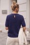 Navy Blue Crew Neck Short Sleeve Back Neck Drop Low-Cut Glittery Knit Sweater 63 60 - 8