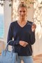 Navy Blue V-Neck Cuffed Sleeves Slim Shimmering Casual Knitwear Sweater 65 65 - 4
