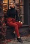Italian Dark Red Elastic and Tie-Waist Straight-Leg Slim Corduroy Woven Trousers 98 62 - 6