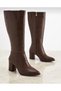 Women's Heeled Long Boots Women's Black Zippered Below the Knee Length Heeled Boots