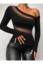 Women's long sleeve one shoulder open beaded and tulle detailed diver blouse