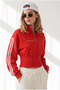 Women's Red Thick Banded Zippered Hooded Sweatshirt Swt-19000820 - 4