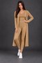 Women's Three-Piece Set Round Neck Sleeveless Blouse Open Front Long Cardigan Elastic Waist Leggings Pants Woven Detail Soft Textured Stylish Casual Camel Knitwear Set