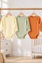 3-Piece Long Sleeve Ribbed Baby Bodysuit Set 100% Cotton Snap Fastener Bodysuit – Yellow, Green, Tile - 2
