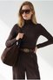 Women's Brown Stand Collar Modal Blouse with Stitching Detail Blz-19003478 - 3