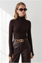 Women's Brown Turtleneck Viscose Blouse with Finger Detail Blz-19003484 - 3