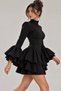 Women's Black High Neck Long Flounce Sleeve Layered Ruffle Asymmetrical Mini Dress - 4