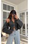 Off-The-Shoulder Double Zipper Balloon Sleeve Knitwear Crop Cardigan.