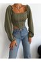 Women's Khaki Square Collar Striped Long Balloon Sleeve Diver Fabric Crop Blouse