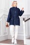 High Collar Zippered Denim Jacket - Trench Coat Navy Blue - 4